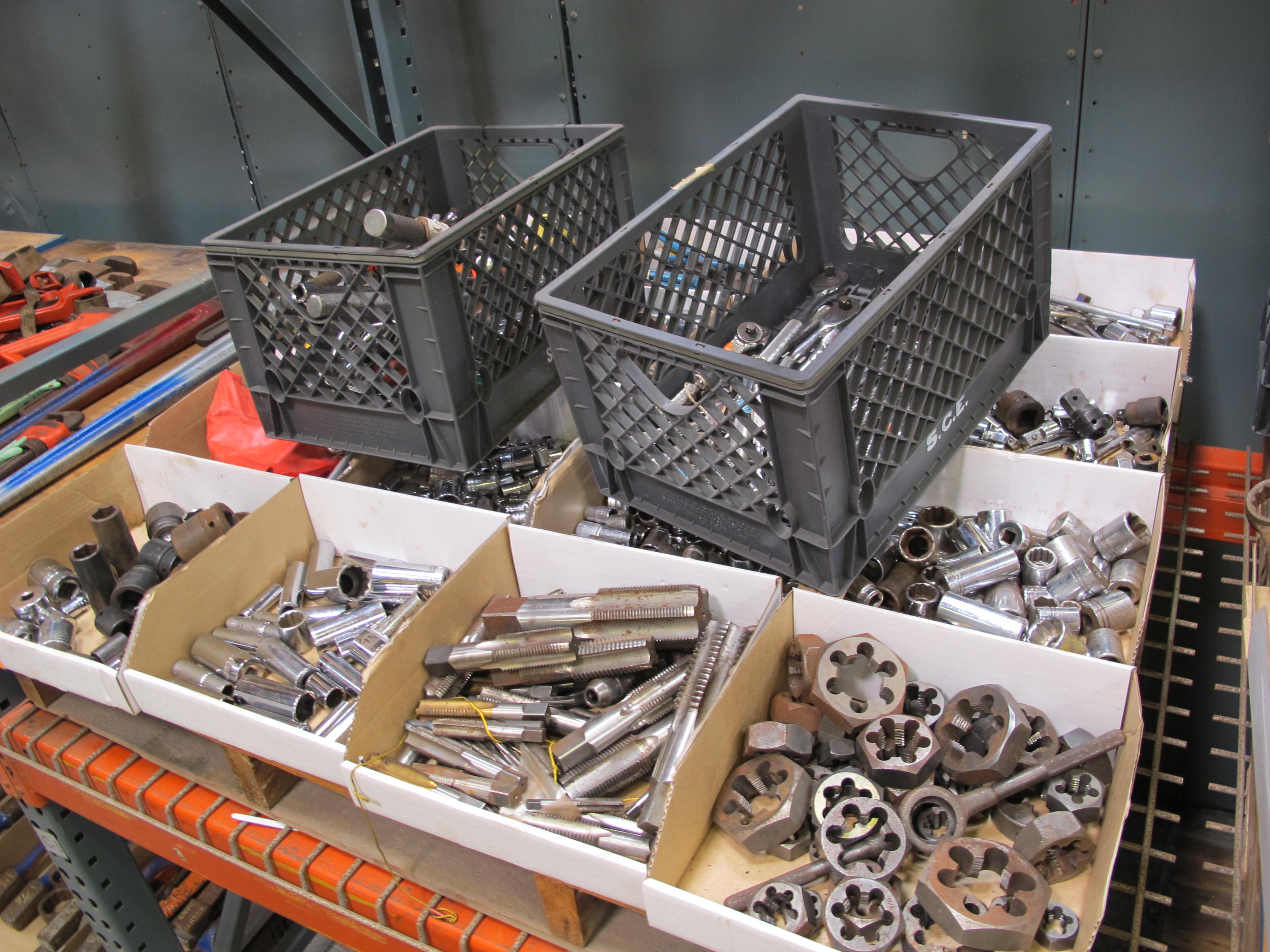 (16 BOXES, 2 CRATES) MISC. SOCKETS, IMPACT SOCKETS, BREAKER BARS, RATCHETS, PULL SAW BLADES, REAMER BIT, TAP AND DYE TOOLING. LOADING & HANDLING FEE $15-4017